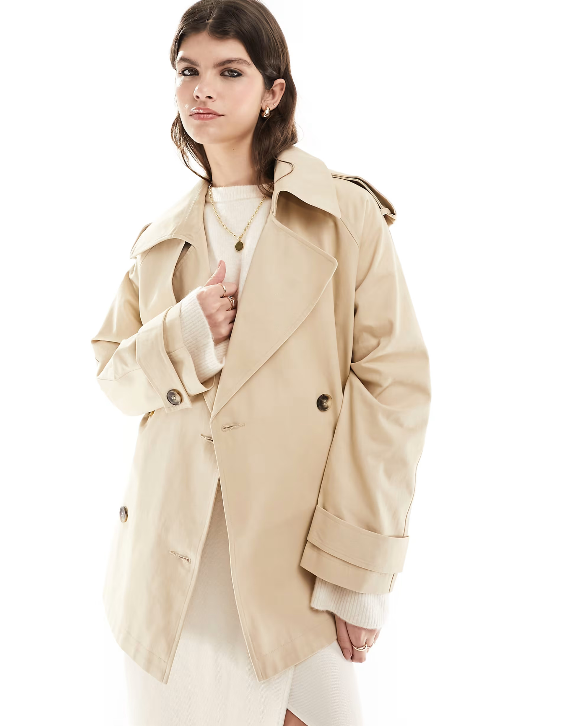 ASOS DESIGN short oversized trench coat in stone | ASOS (Global)