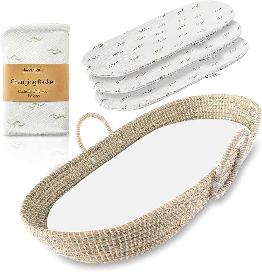KIDDO VIBES Handwoven Baby Changing Basket with Pad & 3 Waterproof Bamboo Jacquard Covers - Multi... | Amazon (US)