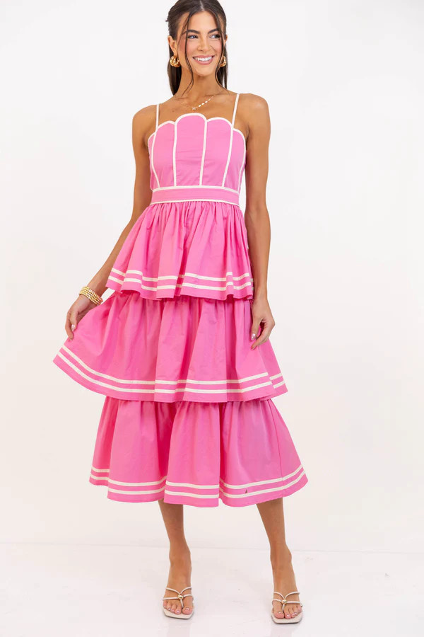 The Cool Factor Pink Scalloped Tiered Midi Dress | The Mint Julep Boutique
