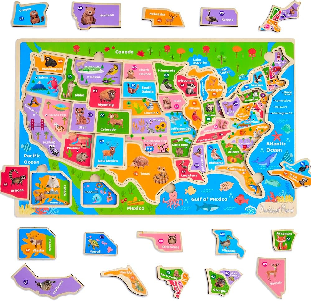 Montessori Mama USA Map Wooden Puzzle, Puzzles for Kids Ages 4-6 Educational Toys for 4 Year Old ... | Amazon (US)