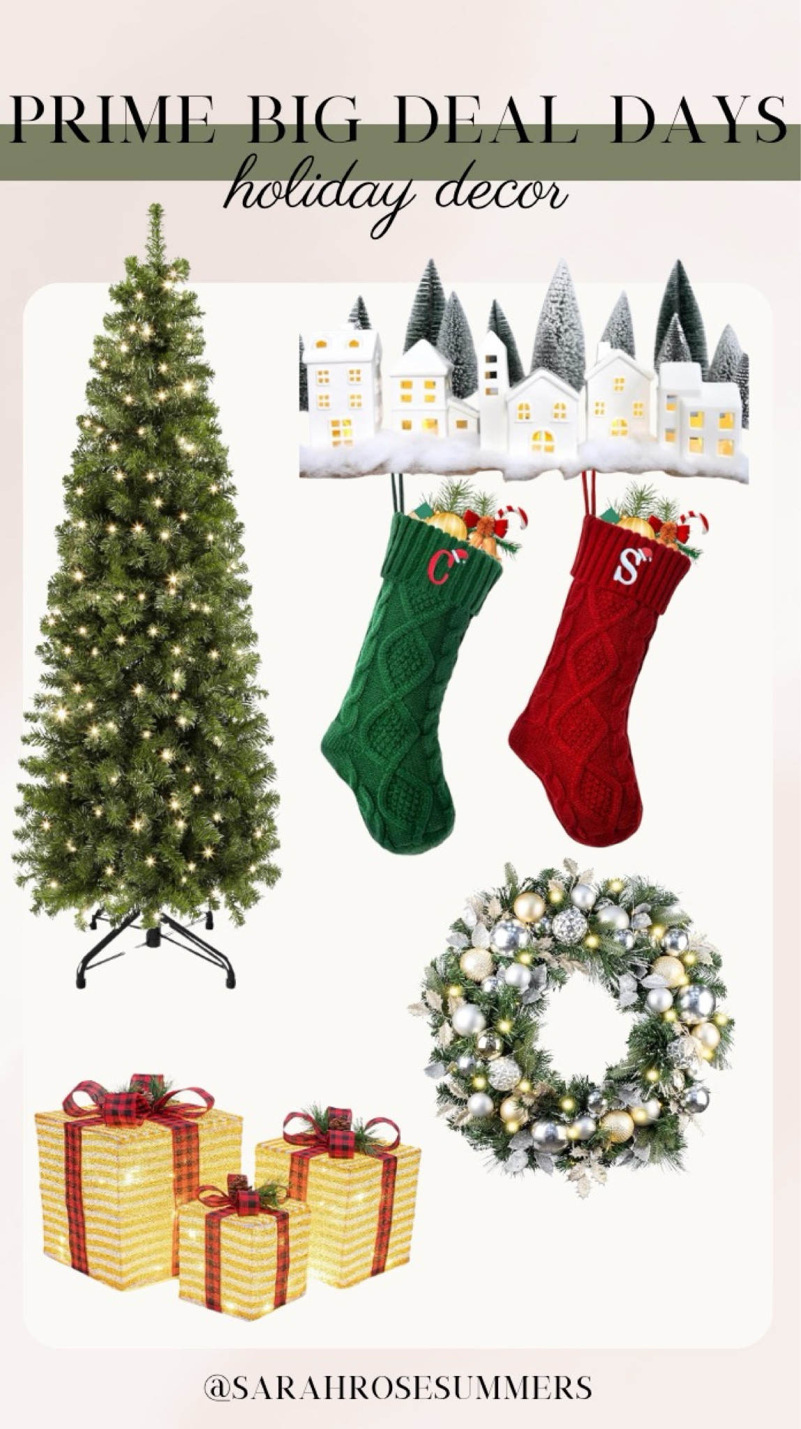 Amazon prime big deal days holiday on sale. Artificial Christmas tree, Christmas village, stockings, artificial wreath, and light up presents on sale. 

#LTKxPrimeDay #LTKHoliday #LTKSaleAlert