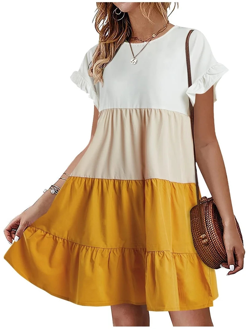 A-line Womens Ruffles Boho Striped Printed Babydoll Loose Swing Casual Short Mini Dress | Walmart (US)