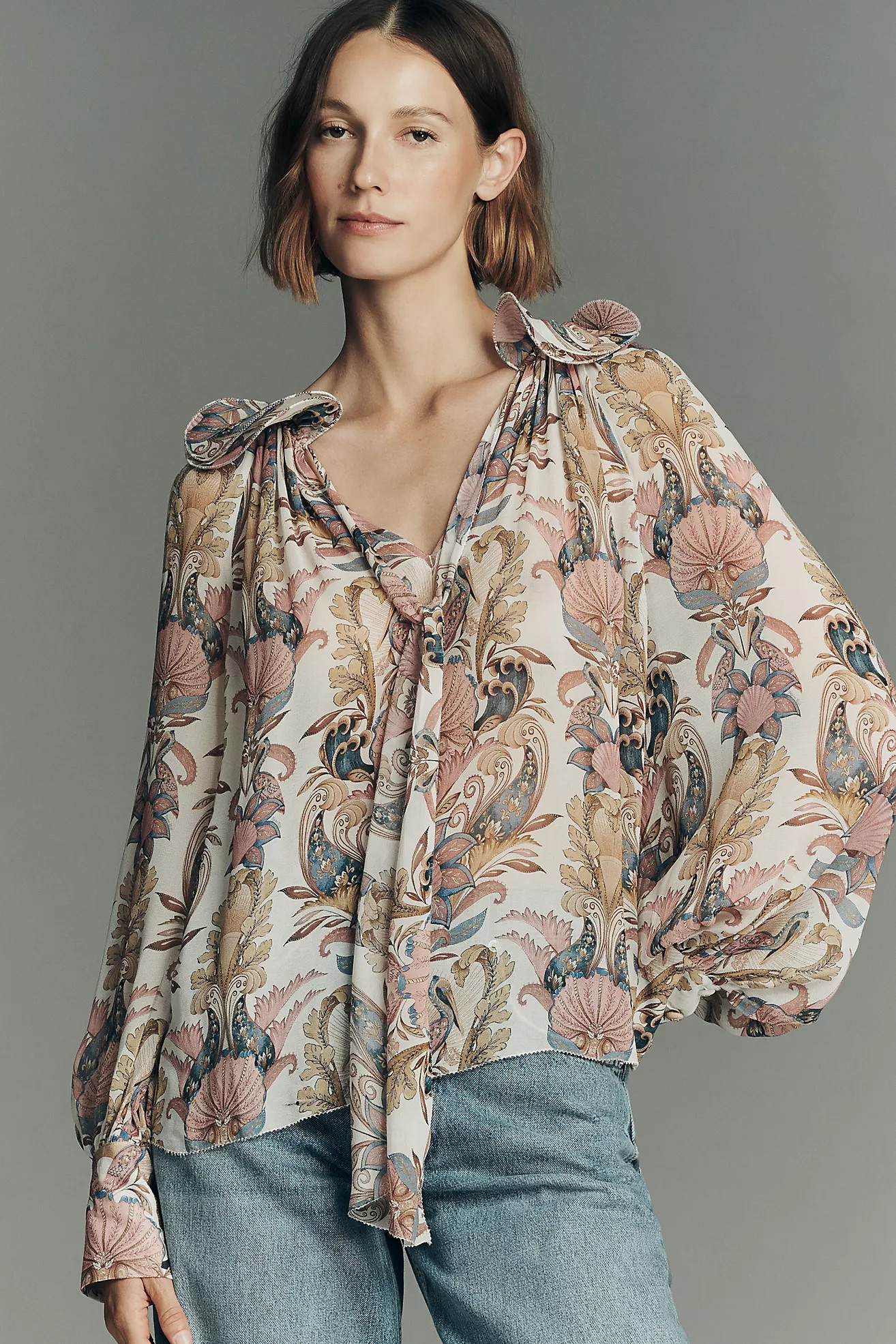 Farm Rio Sea Garden Long-Sleeve Tie-Neck Blouse | Anthropologie (US)