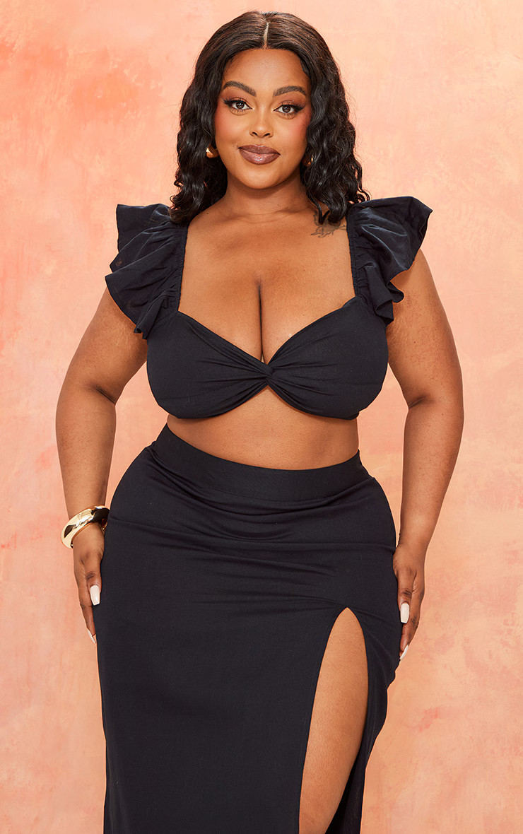 Plus Black Linen Look Puff Sleeve Crop Top | PrettyLittleThing US