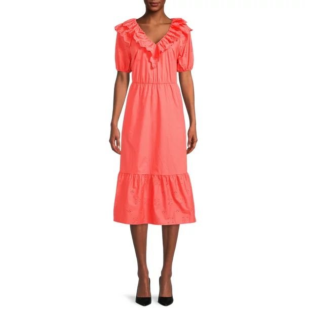 The Get Women's Eyelet Ruffle Midi Dress with Short Sleeves - Walmart.com | Walmart (US)