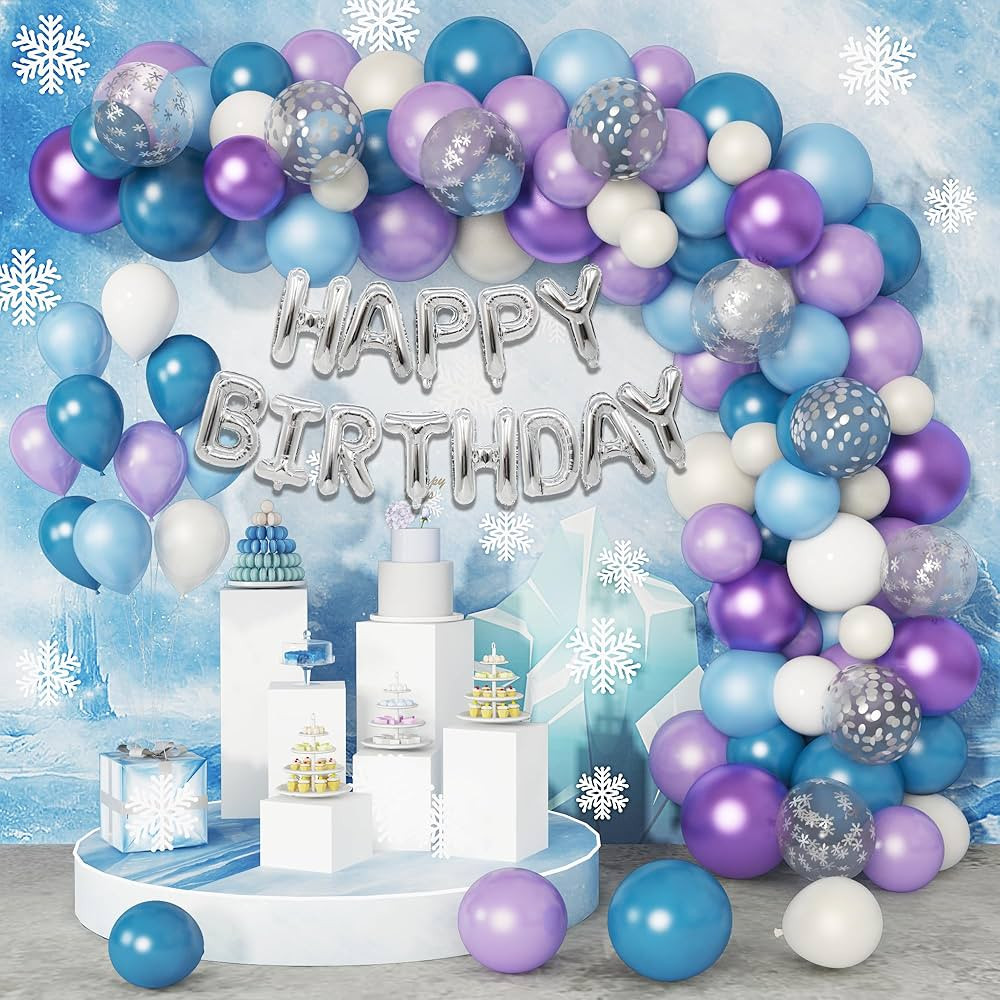 Amandir 152 Pcs Ice Snow Balloons Garland Arch Kit, Purple Blue White Silver Confetti Happy Birth... | Amazon (US)