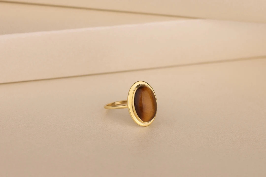 Natural Tiger Eye Ring for Women in 10K Gold, Unique Oval Gemstone Ring, Silver Gold Vermeil Tige... | Etsy (US)