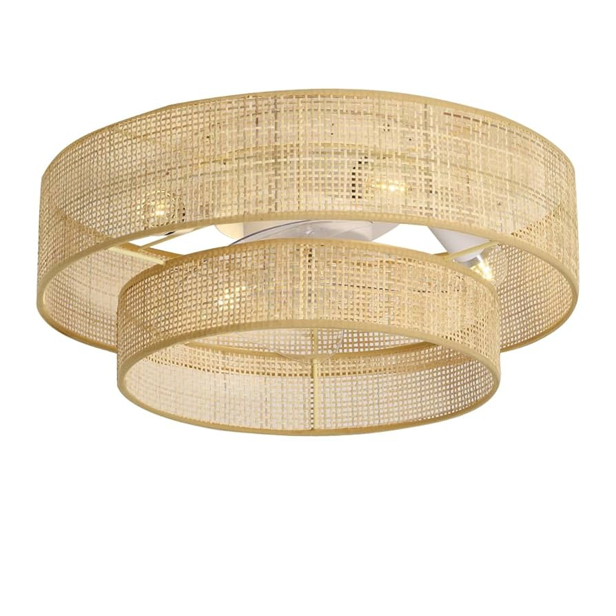 20" Boho Bamboo Small Caged Wicker Rattan DC Low Profile Flush Mount Ceiling Fans with Lights and... | Amazon (US)