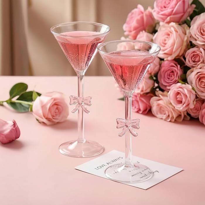 2 Pack Valentines Martini Glasses 9 oz Pink Bow Coquette Cocktail Glass Hand Blown Coquettish Win... | Amazon (US)