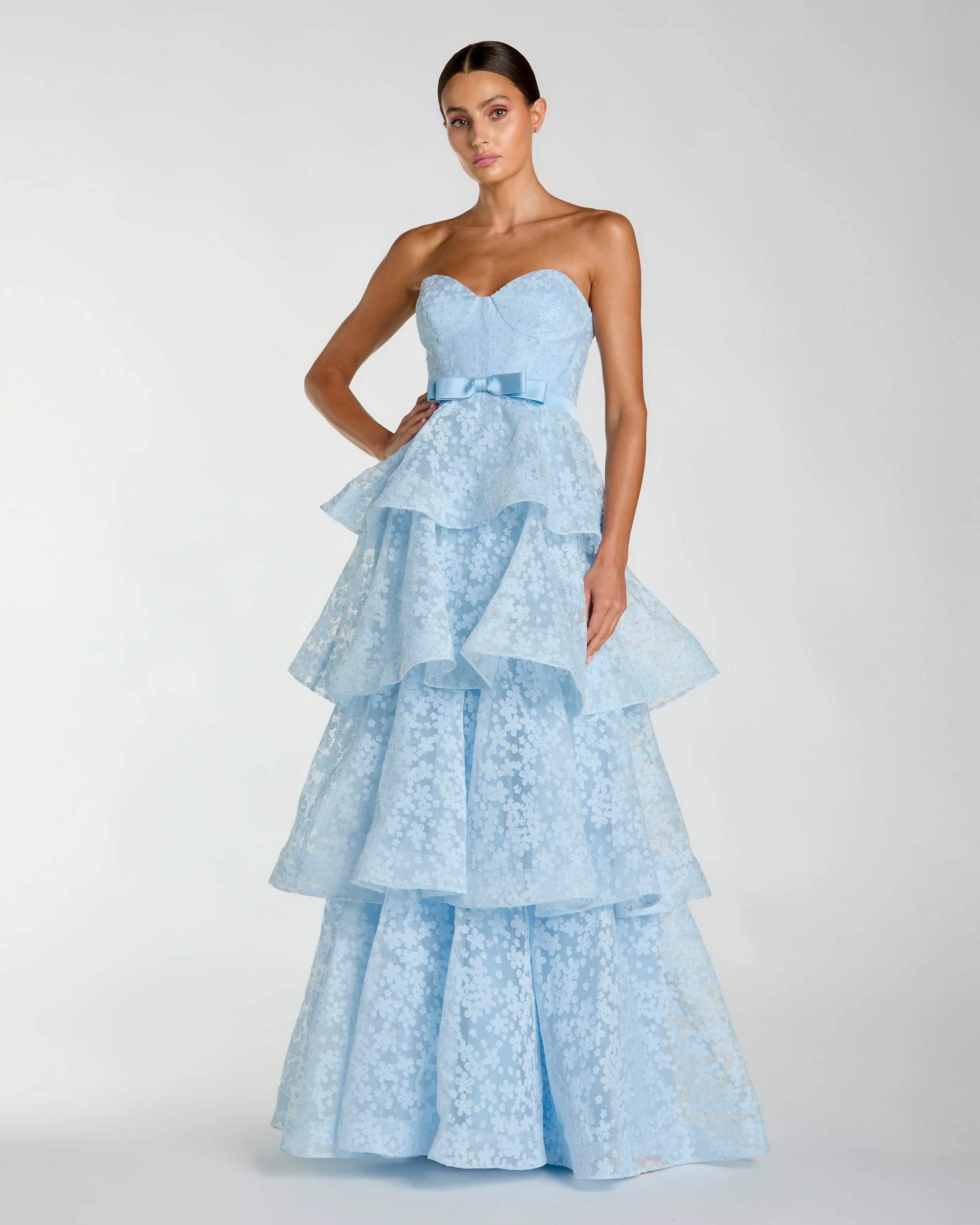 Blue Strapless Floral Organza Tiered Gown with Bow | Mac Duggal | Mac Duggal