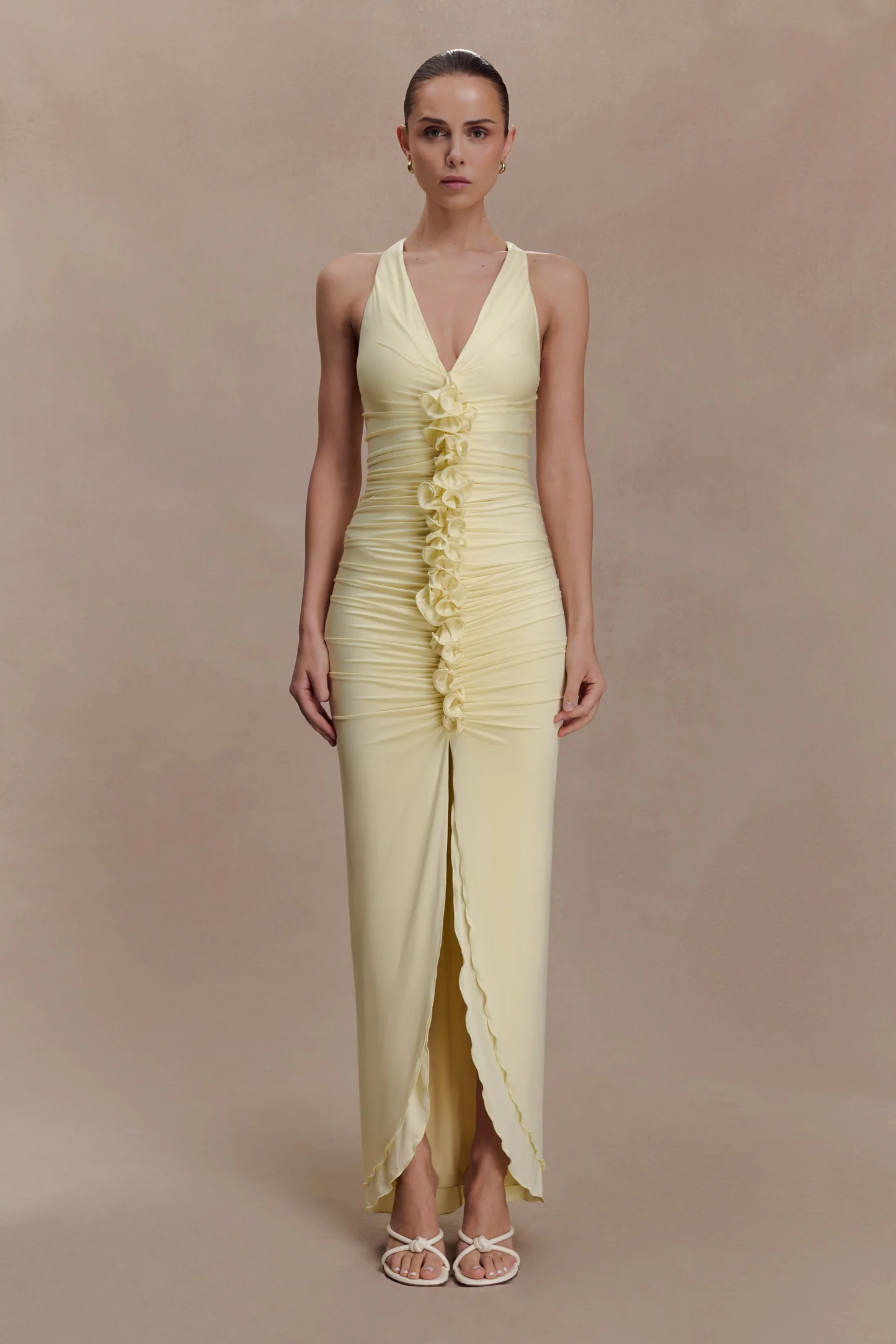 Aleena Aleena Satin And Lace Maxi Dress - Lemon | MESHKI US
