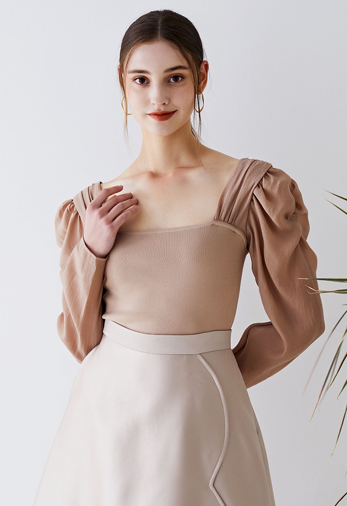 Square Neck Puff Shoulder Crop Top in Tan | Chicwish