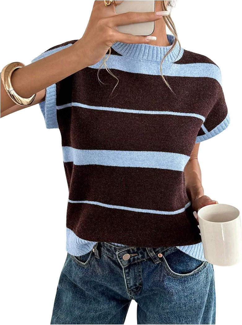 MakeMeChic Women's Short Sleeve Sweater Vest Knit Striped Tank Top | Amazon (US)