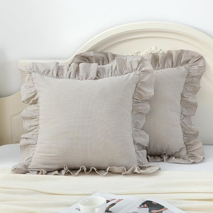 Silnuo Brown/White Ruffle Plaid Throw Pillow Covers Set of 2,Farmhouse Checkered Gingham Pillowca... | Amazon (US)
