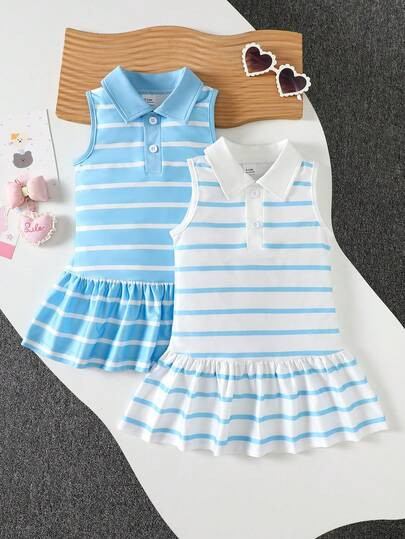 SHEIN Playful Pals 2 PieceGirls' Summer Striped Lapel Sleeveless Dress White And Blue Baby Dress ... | SHEIN