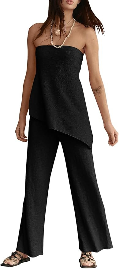 Tankaneo Womens 2 Piece Outfits Asymmetrical Tube Top Wide Leg Pants Knit Vacation Travel 2025 Ma... | Amazon (US)