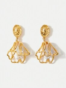 MOTF PREMIUM UNIQUE FASHION COPPER CULTURED PEARL DETAIL HOLLOW OUT FLOWER DROP EARRINGS FOR WOME... | SHEIN