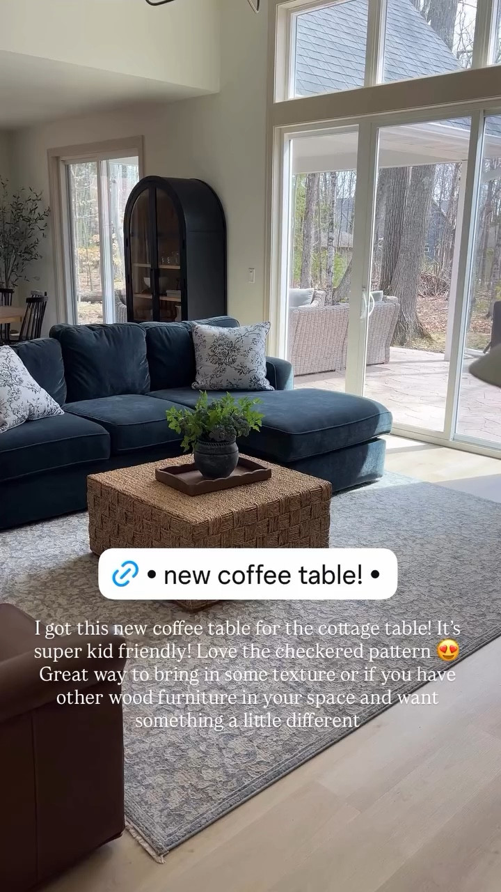 I got this new coffee table for the cottage table! It’s super kid friendly! Love the checkered pattern 😍 Great way to bring in some texture or if you have other wood furniture in your space and want something a little different
