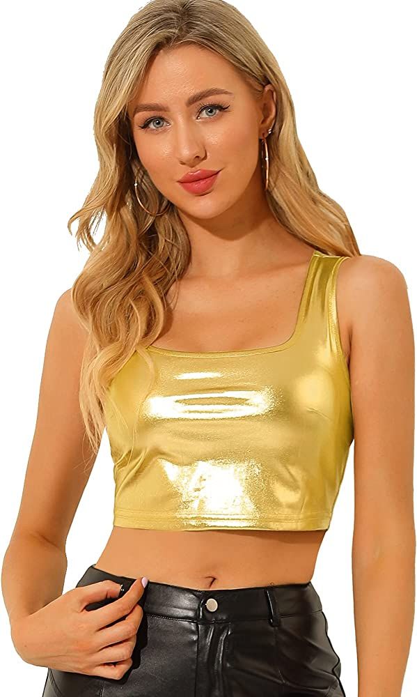Allegra K Women's U Neck Sleeveless Party Clubwear Holographic Shiny Metallic Crop Top | Amazon (US)