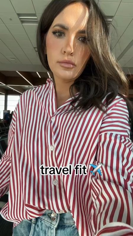 Red and white striped button down travel outfit! 

#LTKCon #LTKHoliday #LTKstyletip