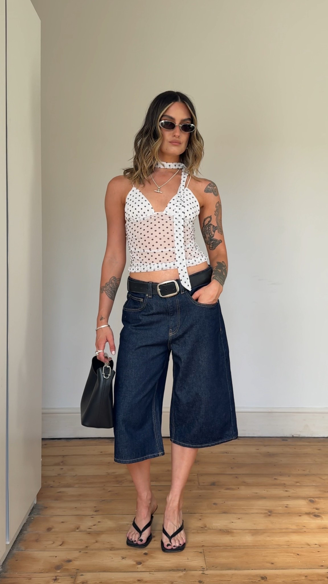 Polka dot, monochrome, scarf top, Zara, camisole, jorts, dark denim, denim shorts, kitten heels, flip flop heels 

#LTKsummer #LTKeurope #LTKuk