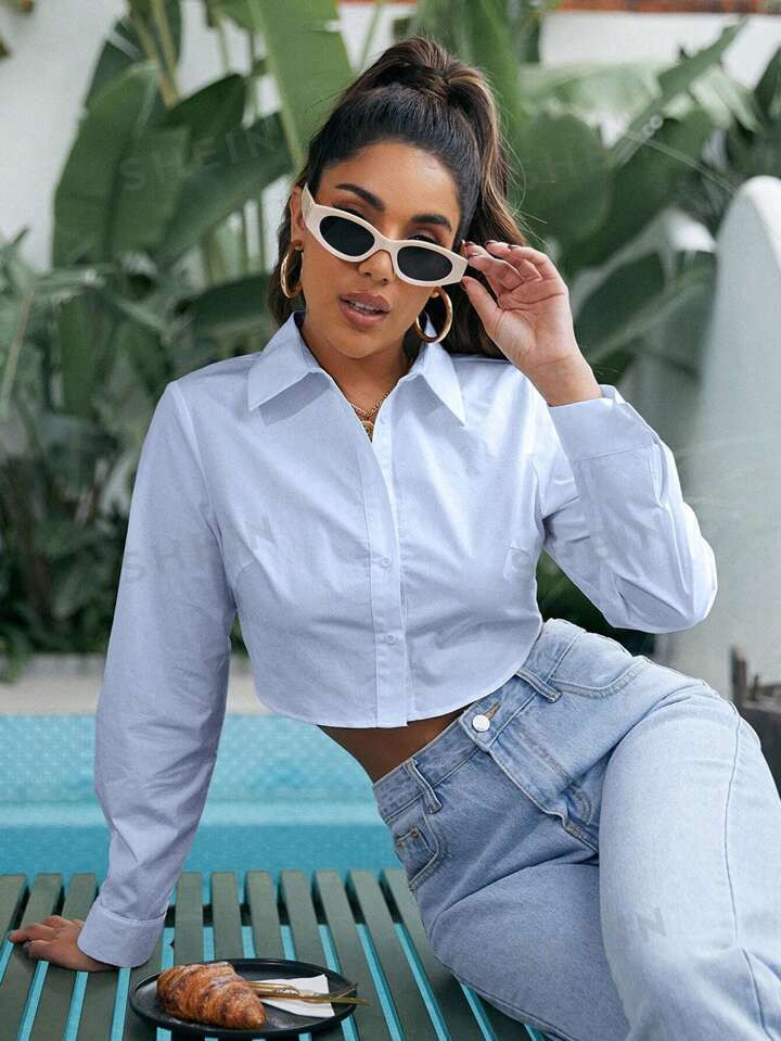 SHEIN EZwear Solid Button Front Crop Shirt | SHEIN