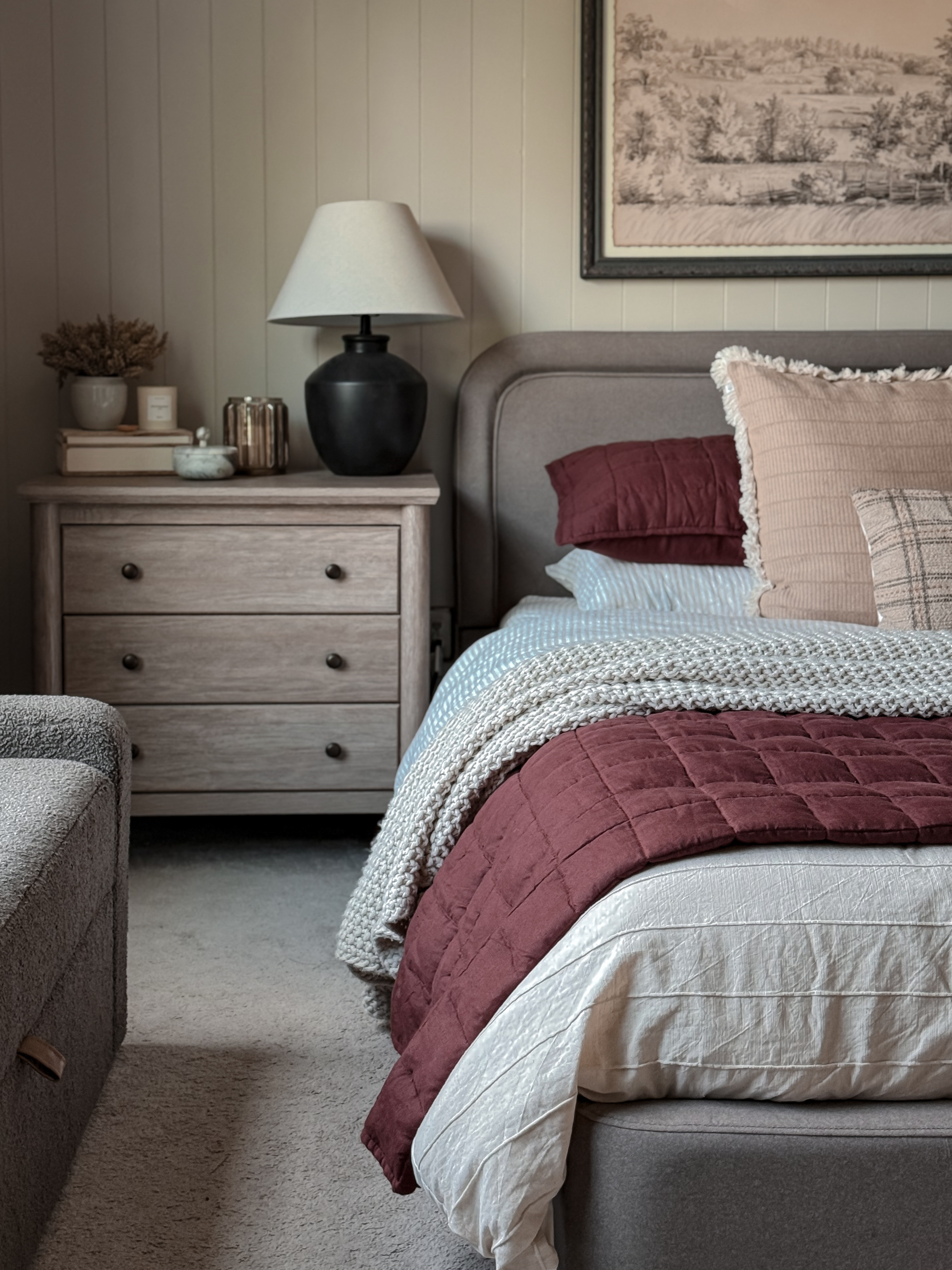 Cozy fall bedding 🍂 This burgundy linen quilt set is rich, timeless, and perfect for fall, winter, and Christmas bedding. Paired with the linen stripe sheet set, it’s breathable, soft, and made from 100% European linen for year-round comfort. #fallbedding 

 #LTKSeasonal #LTKHome #LTKSaleAlert