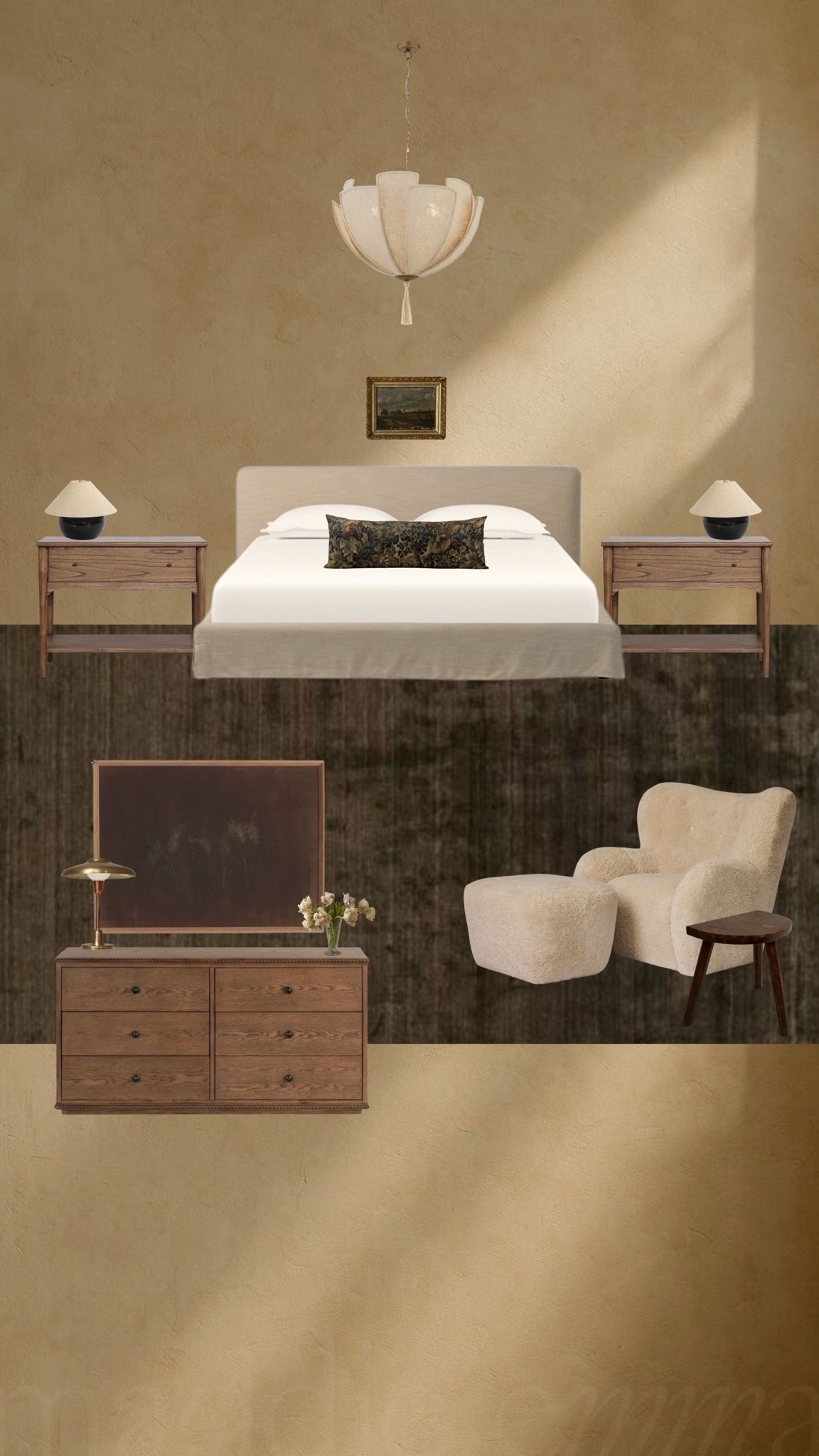 bedroom inspo 

bedframe, wool rug, slip covered bed, nightstands, table lamp, shearling chair, wood dresser