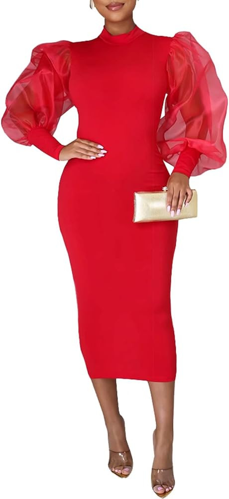 Ekaliy Women's See Through Bodycon Dress Sheer Mesh Long Puff Lantern Sleeve Dress Sexy Club Part... | Amazon (US)