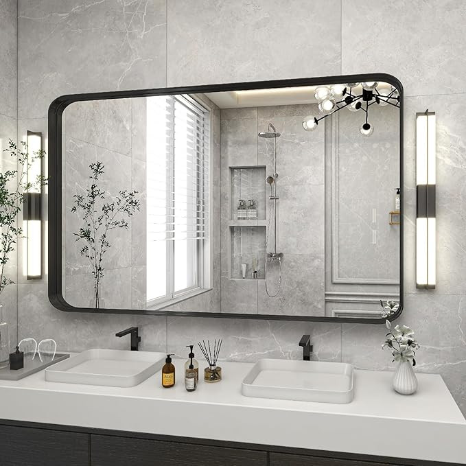 VooBang Bathroom Mirror 30x48 inch, Black Deep Frame Mirror for Wall, Modern Round Corner Wall Mi... | Amazon (US)