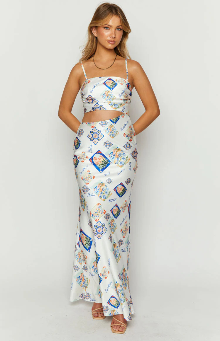 Willa White Satin Italia Print Maxi Dress | Beginning Boutique (US)