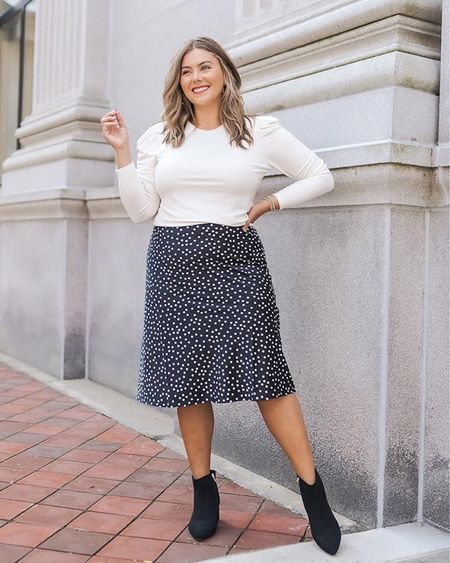 Fall outfit for work! Love pairing a slip skirt with a light sweater and a pair of ankle boots. Wearing size XL in both skirt and top. 

#LTKSeasonal #LTKmidsize #LTKworkwear
