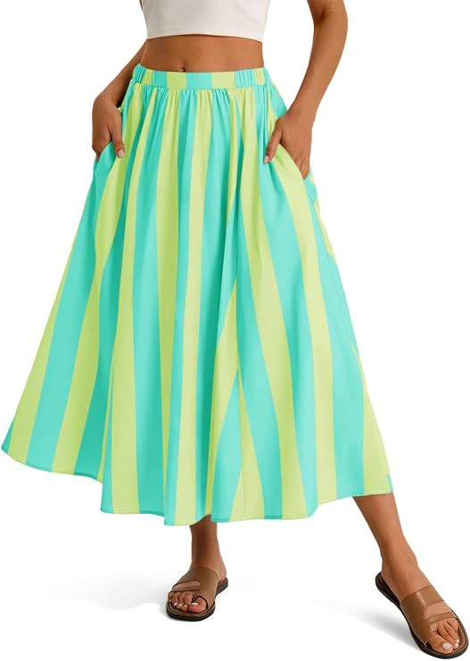 Cicy Bell Womens Summer Striped Maxi Skirts A-Line Beach Vacation Outfits | Elastic Waist, Side P... | Amazon (US)
