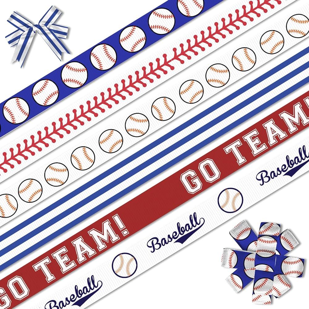 6 PCS Sports Baseball Ribbons for Crafting, 3/8" Width Grosgrain Ribbon Blue Red Stripes Ribbon S... | Amazon (US)