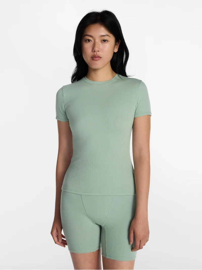 No Boundaries Cotton Stretch Ribbed Tee with Short Sleeves, Women's XS-XXXL | Walmart (US)