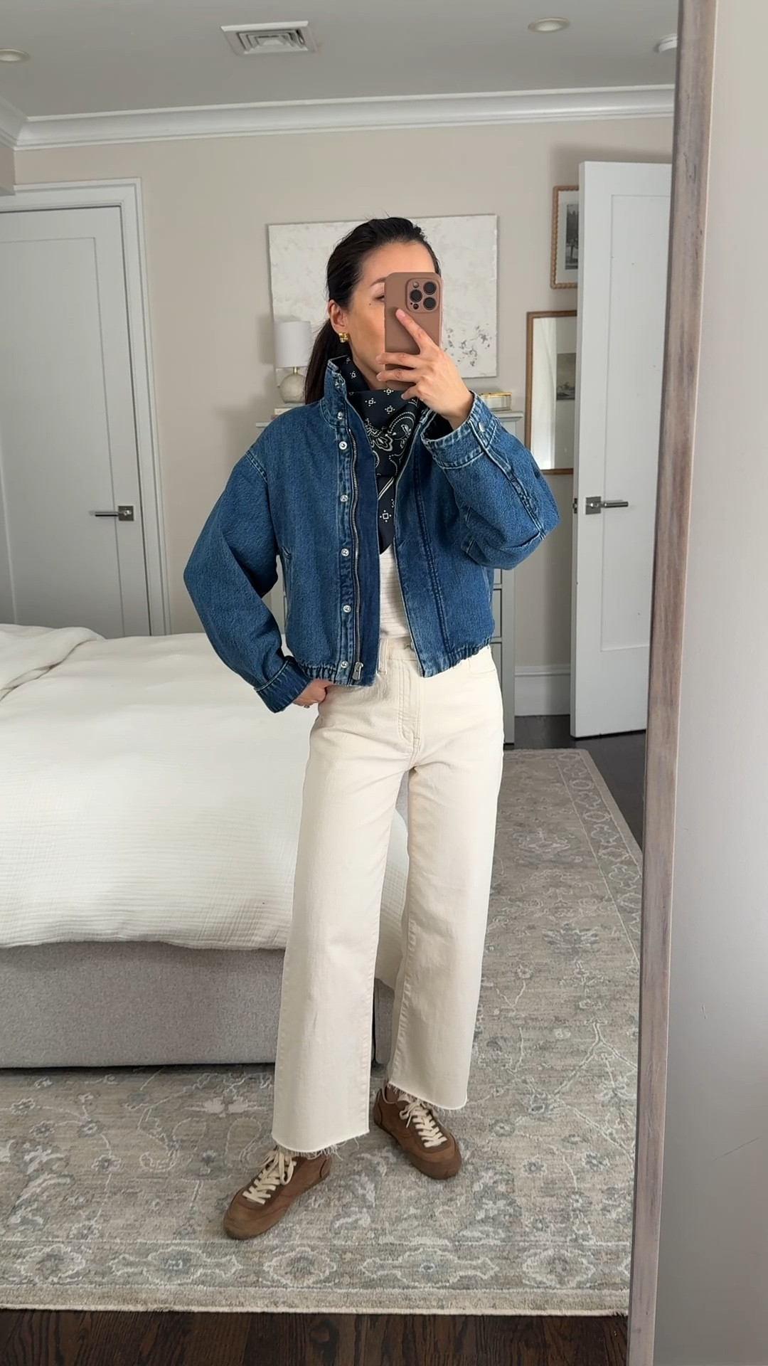 One of the most versatile cuts of jeans restocked in ecru color 

• Perfect Vintage Wide-Leg Crop Jean 24 short in Vintage Canvas, has a higher rise than 24 petite, 

Their new short length keeps the same rise but shortened the length

• Denim Jacket xxs super cute and petite friendly 

• Mockneck Dolman Top xxs soft and cozy 

• Silk Bandana in classic navy

• Zara sneakers, old, linked similar

Petite friendly outfit, easy mom style, jean jacket, spring white jean outfit

#LTKPetite #LTKootd #LTKSeasonal