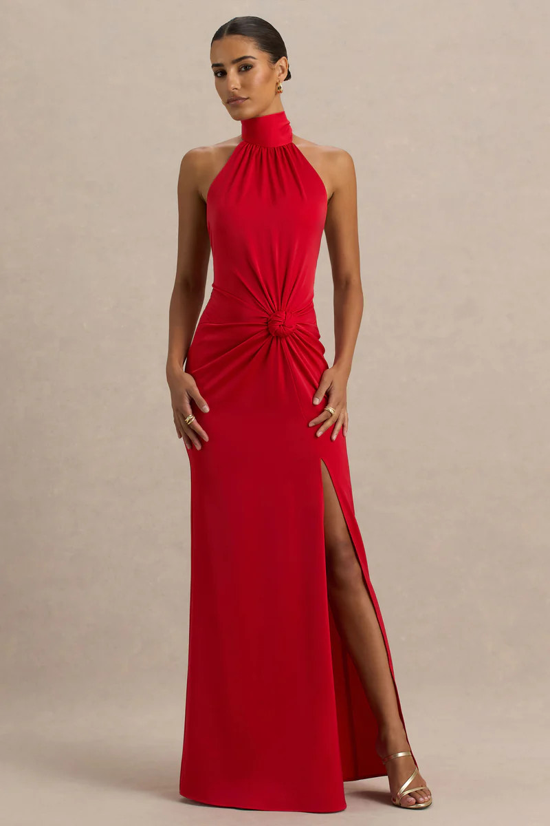 Lenora  Red Halter-Neck Maxi Dress with Ruched Detailing and Split | Club L London