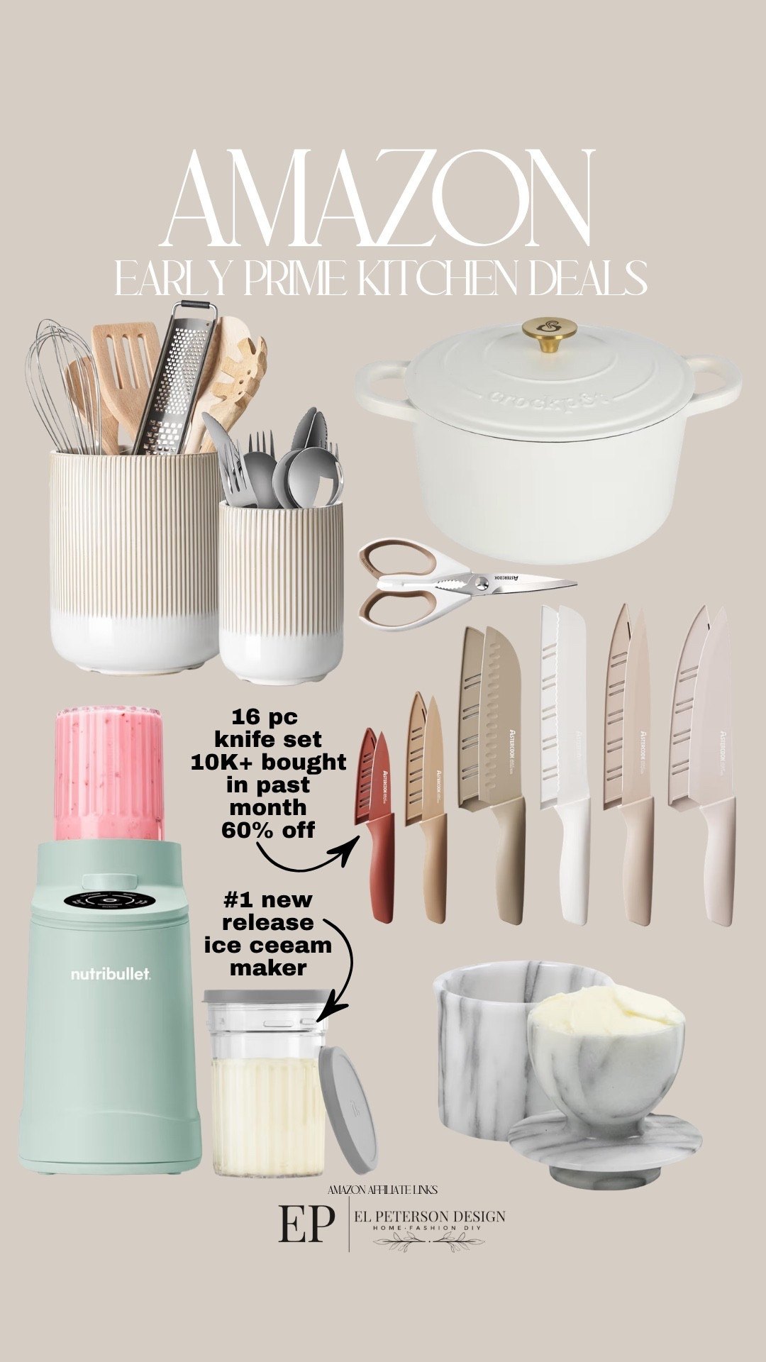Amazon 
Early Prime Deals
Utensil holder
Ice cream maker 
Butter holder
Knife set
Dutch oven