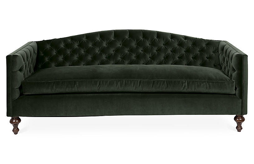 Victoria Tufted Sofa, Forest Velvet | One Kings Lane