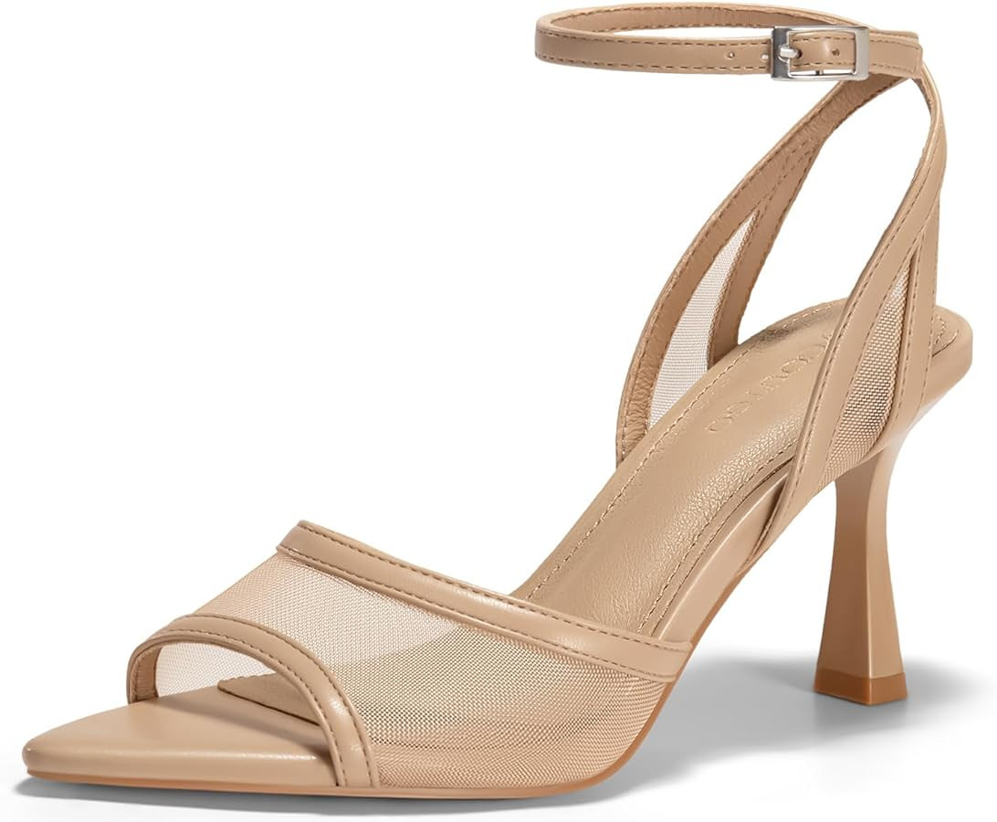 Coutgo Womens Mesh Kitten Heels Sandals Pointed Open Toe Ankle Buckle Strap Summer Dress Shoes | Amazon (US)