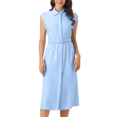 INSPIRE CHIC Women's Sleeveless Collared Button Down Belted Waist Midi Work Dress X-Large Blue | Target