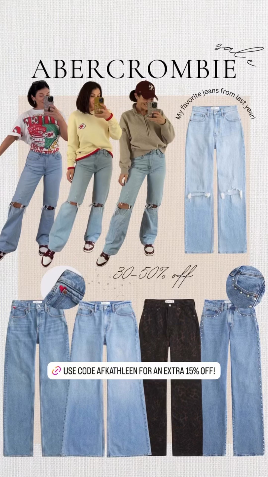 Abercrombie denim sale. Use code Afkathleen for an extra 15% off! #meandmrjones 

#LTKSaleAlert #LTKFindsUnder100