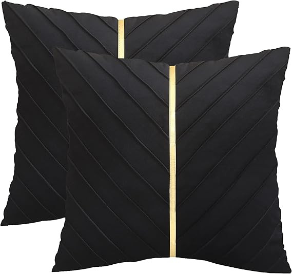 Tosleo Black Velvet Throw Pillow Covers 18x18 Pack of 2 with Gold Leather,Decorative Couch Pillow... | Amazon (US)
