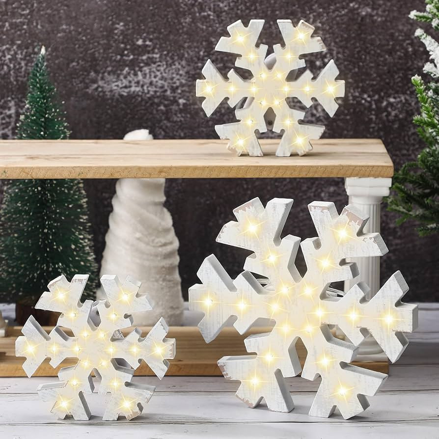 Baquler 3 Pcs Christmas Winter Snowflake Table Signs LED White Standing Wooden Snowflakes for Cra... | Amazon (US)