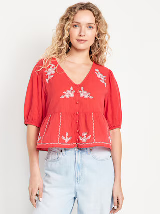 Crinkle Gauze Button-Down Embroidered Top | Old Navy (US)