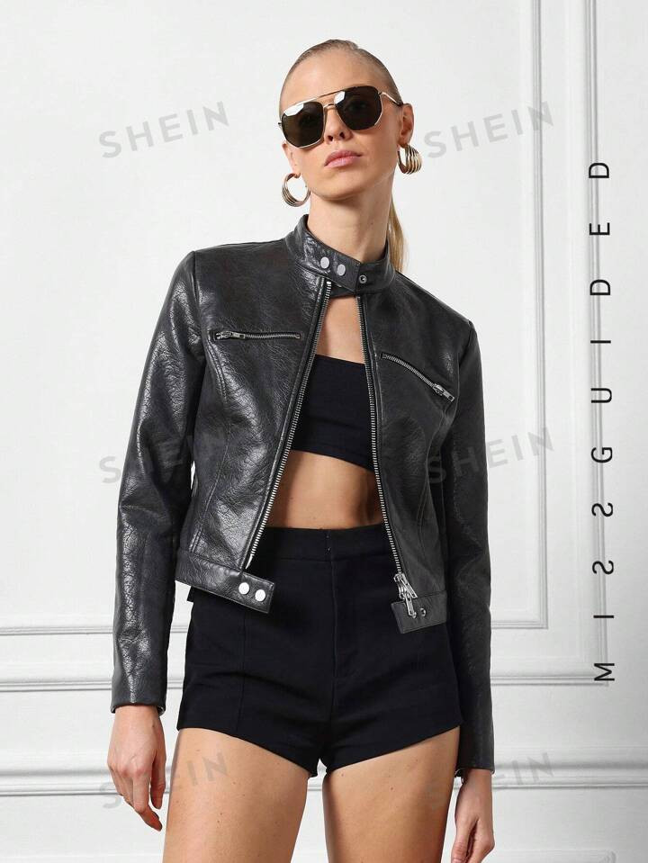 MISSGUIDED Faux Leather Multiple Zipper Jacket | SHEIN