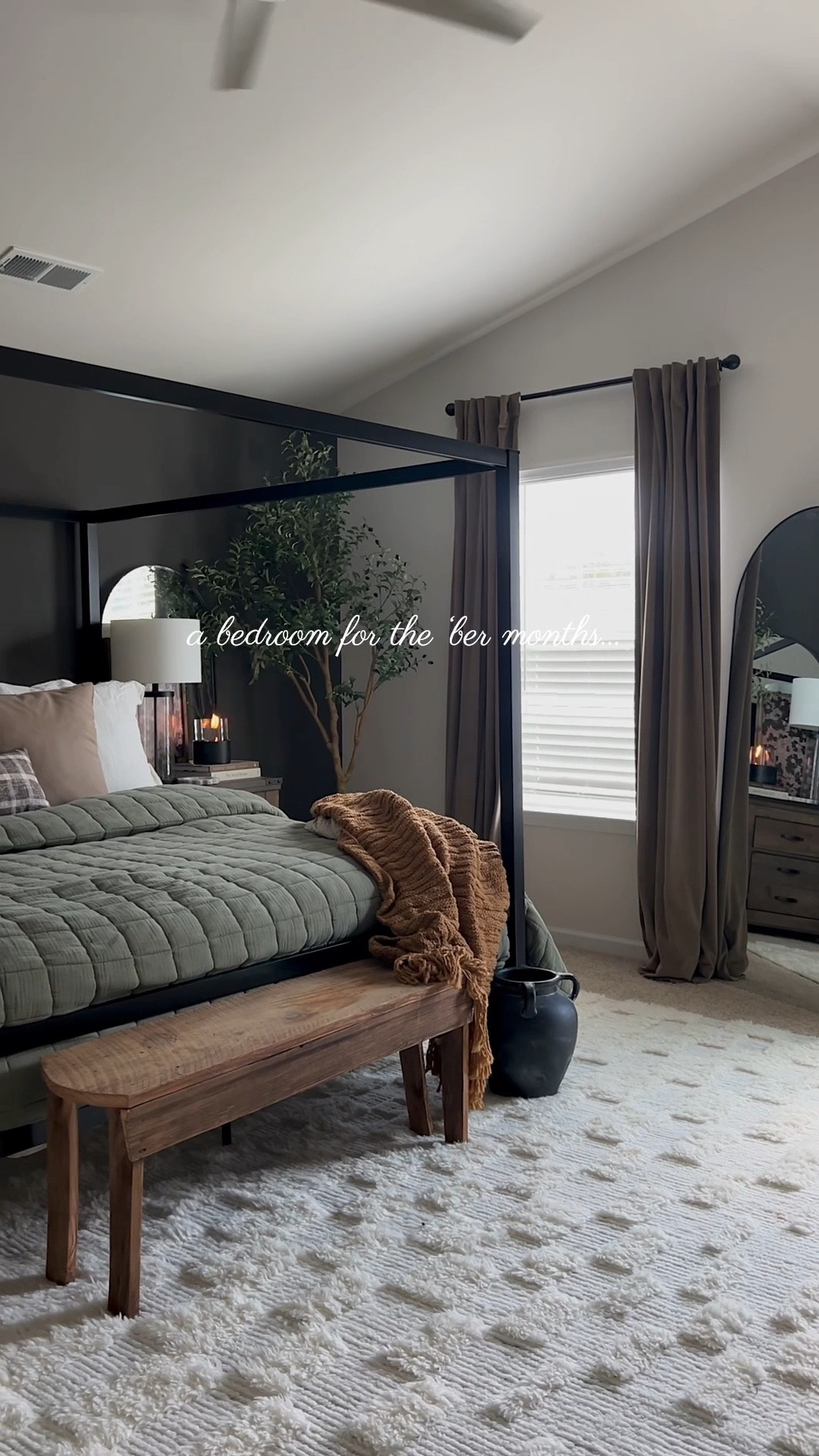 Another cozy moody fall bedroom look! 🤎
Gauze box quilt, bamboo sheets, olive bedding, modern shag rug, velvet curtains, rustic nightstand, canopy bed, oversized floor mirror, 

#LTKSeasonal #LTKSaleAlert #LTKHome