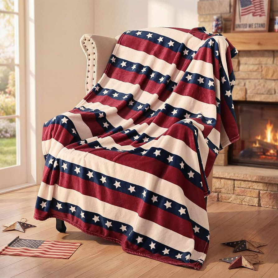 Patriotic Throw Blanket, 4th of July Farmhouse Home Decor, Soft Cozy Red White Blue American Flag... | Amazon (US)