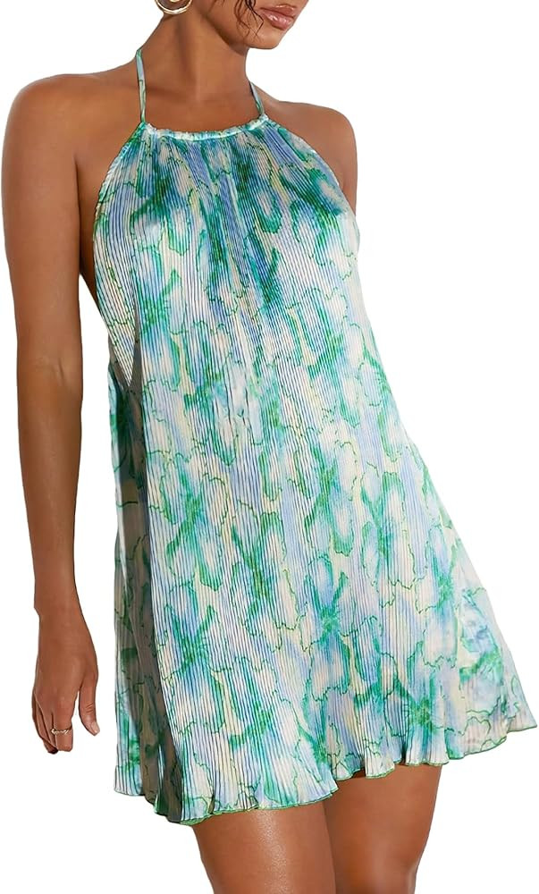 SweatyRocks Women's Allover Print Backless Halter Dress Sleeveless Straight Hem Mini Dresses | Amazon (US)