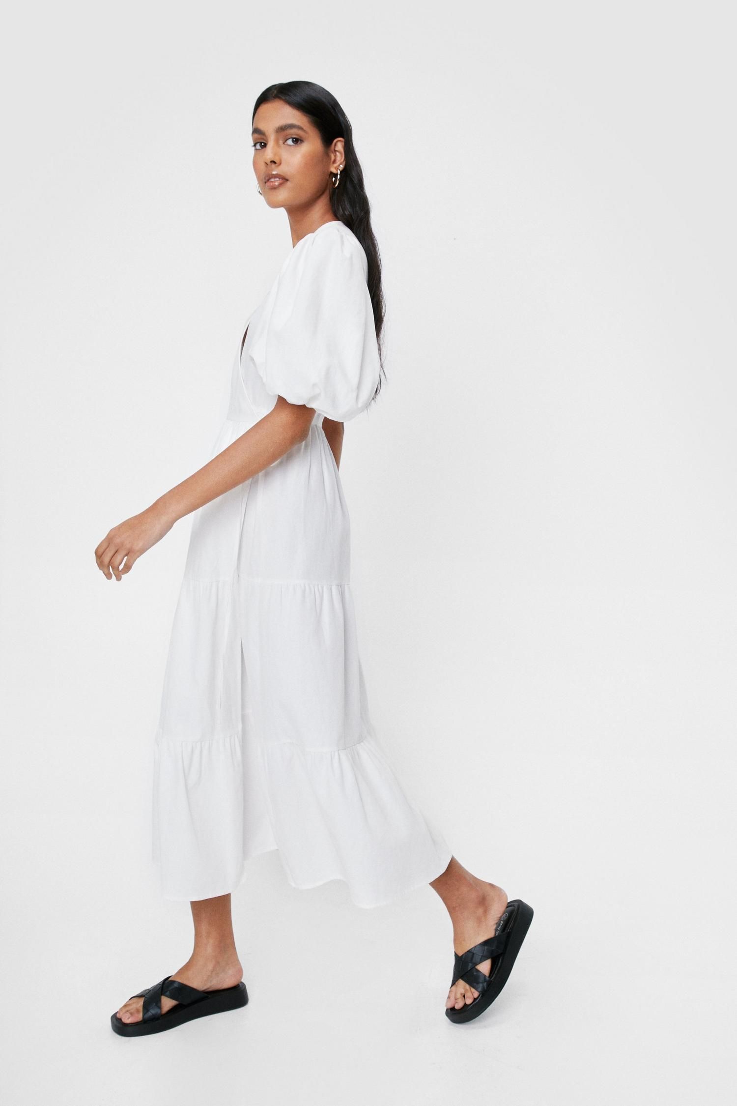 Linen Look Puff Sleeve Wrap Midi Dress | Nasty Gal (US)